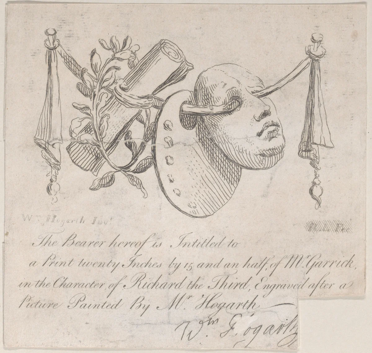 Subscription Ticket for "Garrick in the Character of Richard III" by William Hogarth, print, 1700-1800