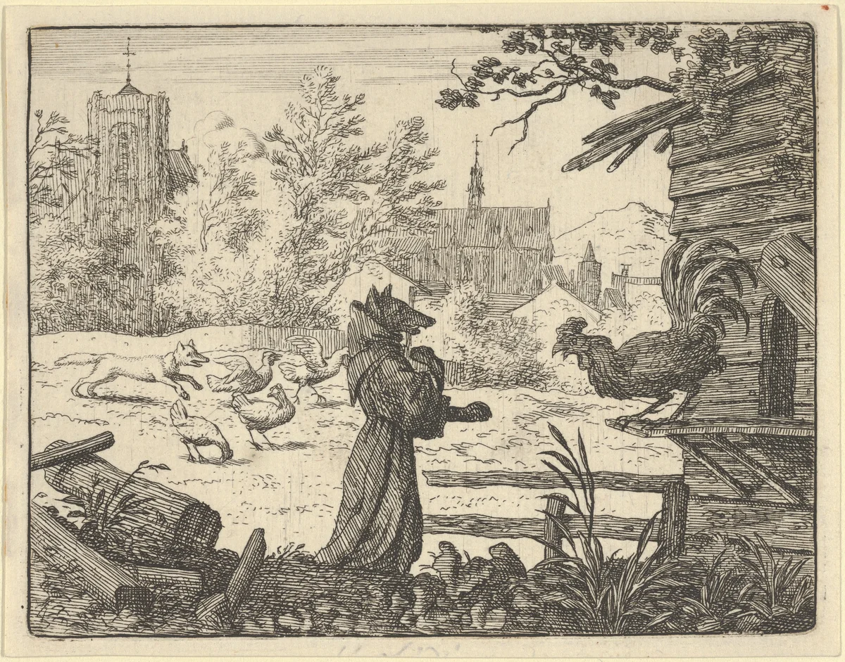 Renard, Disguised as a Monk, Gains the Confidence of the Rooster from Hendrick van Alcmar's Renard The Fox by Allart van Everdingen, print, 1650-1675