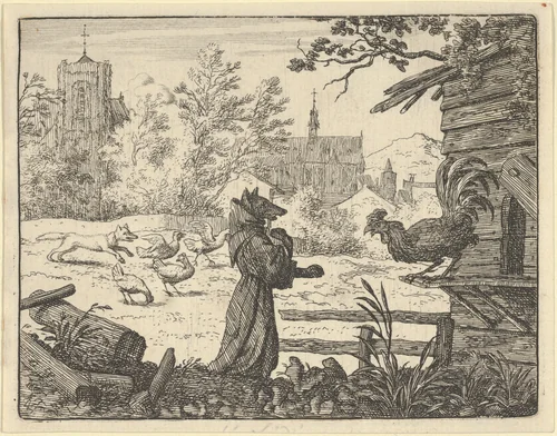 Renard, Disguised as a Monk, Gains the Confidence of the Rooster from Hendrick van Alcmar's Renard The Fox by Allart van Everdingen, print, 1650-1675