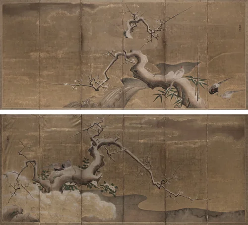 Winter Scene with Plum Trees and Pheasants by Kano Naonobu, painting, 1600-1699