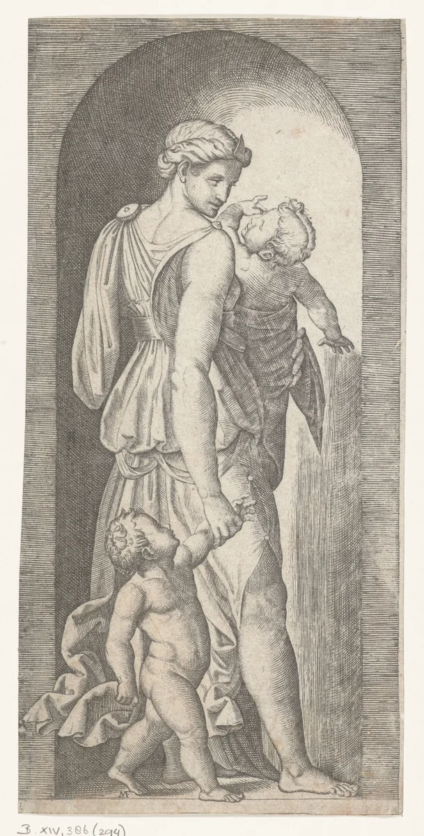 Vrouw als personificatie van Liefde (Caritas) met twee kinderen staand in nis by Unknown, print, 1510-1527