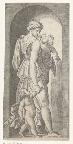 Vrouw als personificatie van Liefde (Caritas) met twee kinderen staand in nis by Unknown, print, 1510-1527
