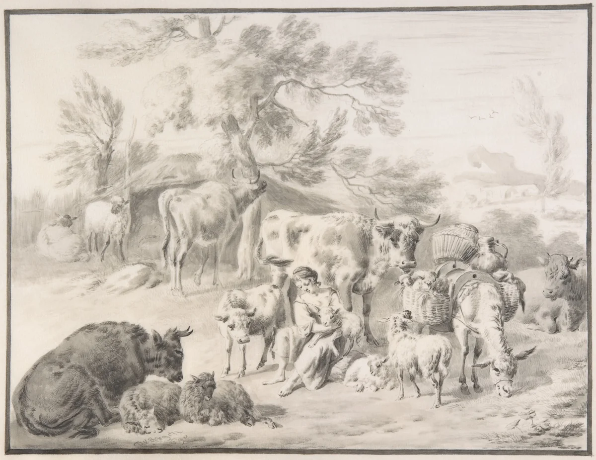A Herdswoman Seated Amongst Her Animals, with a Lamb in Her Arms by Dirck van Bergen, drawing, 1690