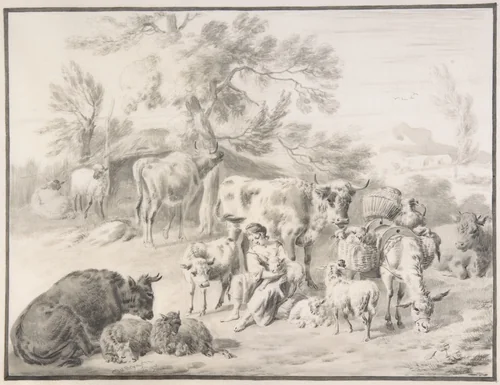 A Herdswoman Seated Amongst Her Animals, with a Lamb in Her Arms by Dirck van Bergen, drawing, 1690