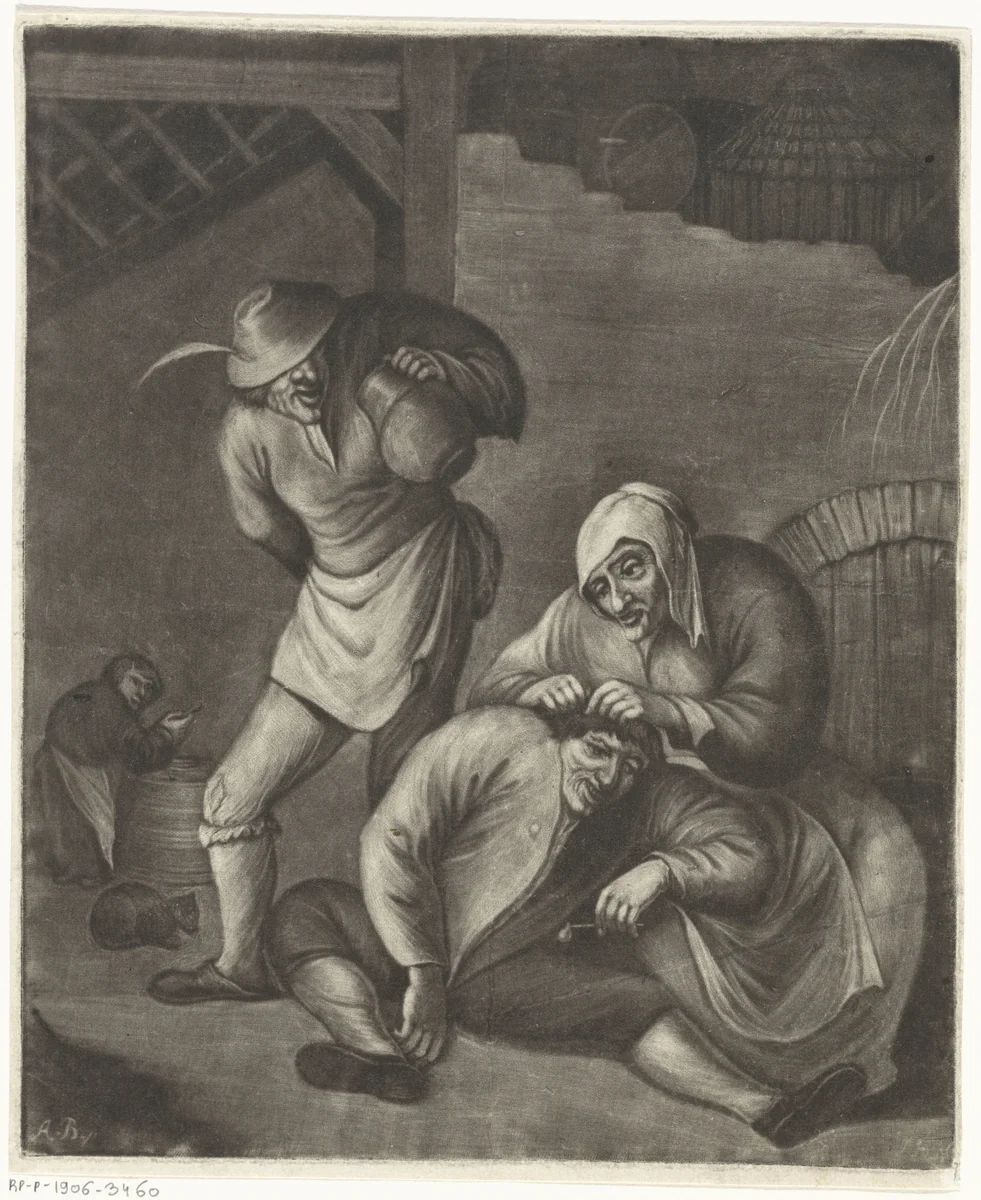 Een vrouw luist een man by Jacob Hoolaart, print, 1723-1789