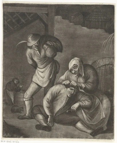 Een vrouw luist een man by Jacob Hoolaart, print, 1723-1789