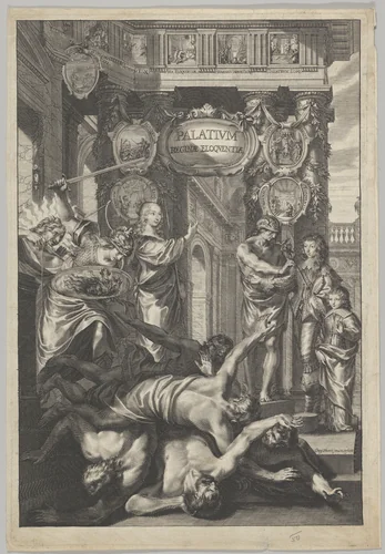 Allegorial Composition with Figures Working According to an Architectural Plan by Grégoire Huret, print, 1620-1650