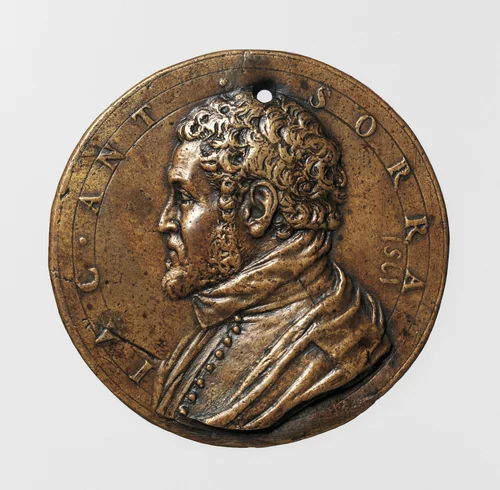 Portrait medal of Jacopo Antonio Sorra (obverse); A Nude Male Figure Shooting Arrows (reverse) by Antonio Abondio, metalwork, 1561