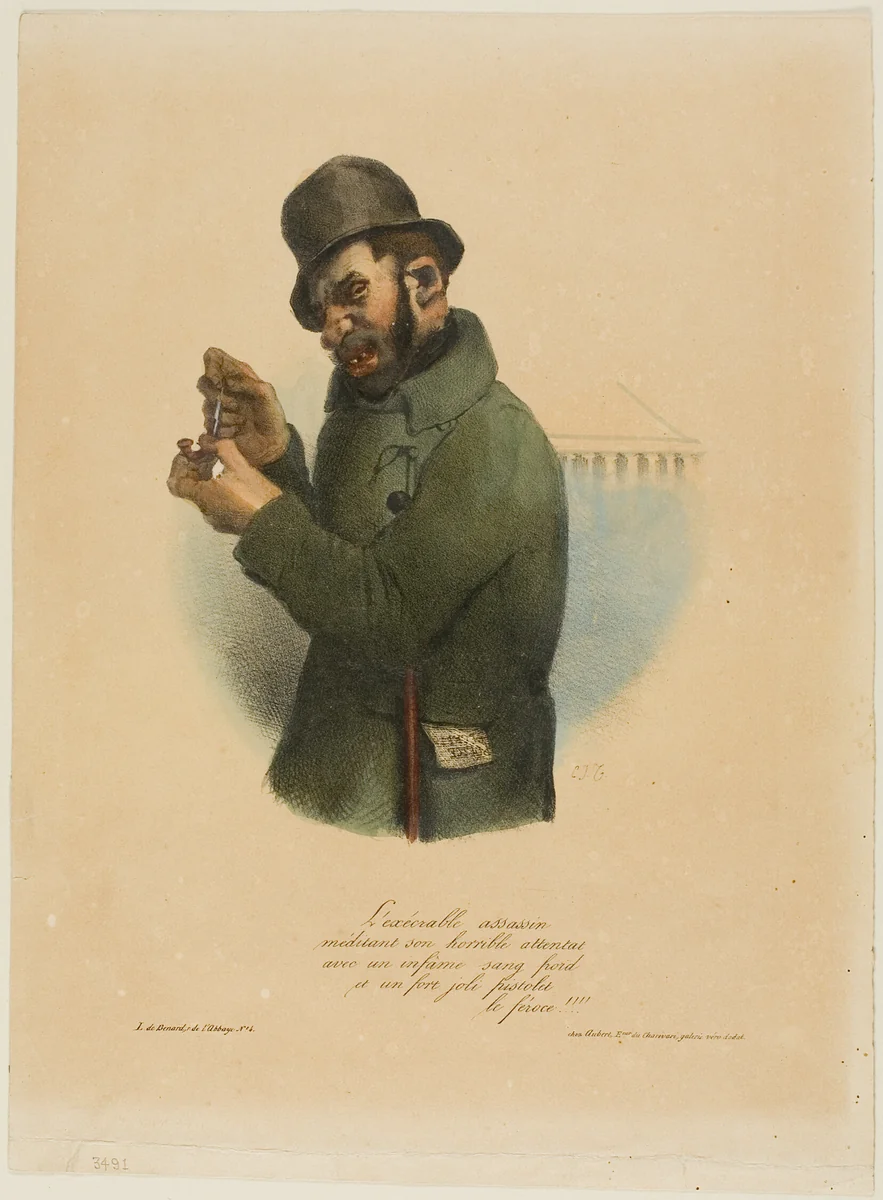 The Execrable Assassin Contemplates his Horrible Assault... by Charles J. Traviès, print, 1832-1859
