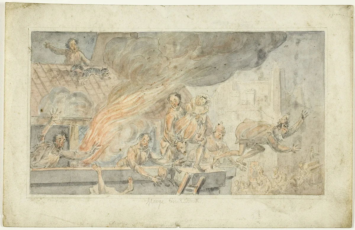 People Fleeing a Burning Building by George Cruikshank, painting, 1812-1878