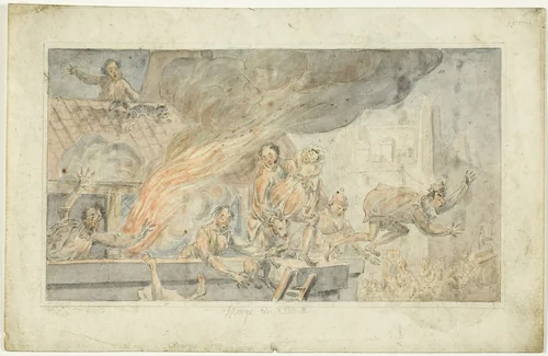 People Fleeing a Burning Building by George Cruikshank, painting, 1812-1878