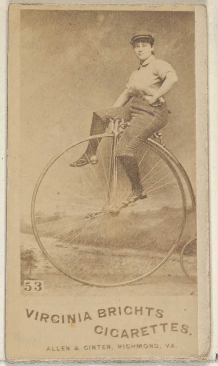 Card 53, from the Girl Cyclists series (N49) for Virginia Brights Cigarettes by Allen & Ginter, photograph, 1887