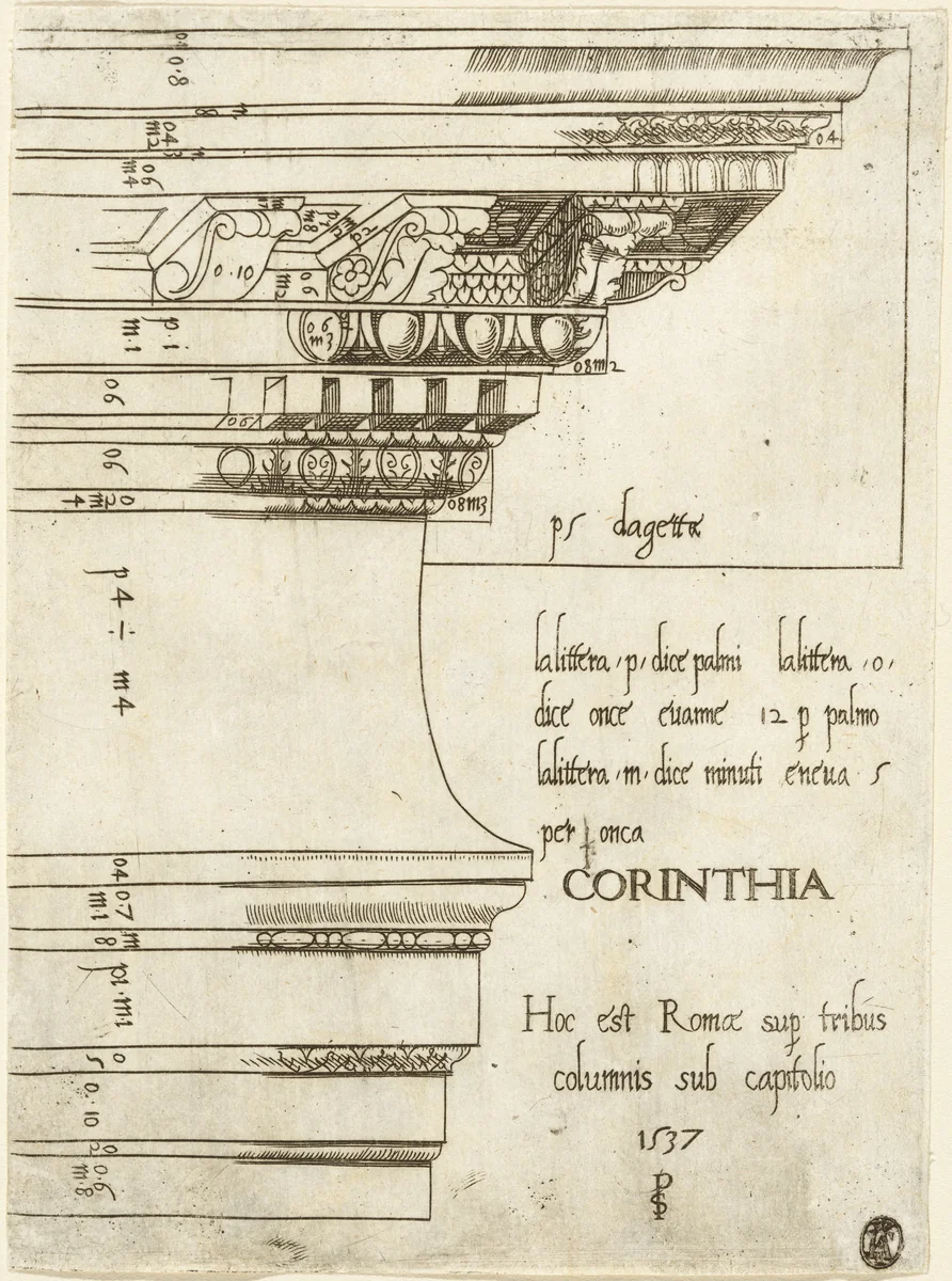 Entablature from the Temple of Castor and Pollux, Rome by Master PS, print, 1537