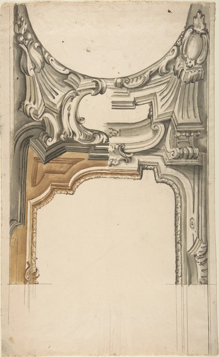 Two Alternate Designs for a Decoration over an Arched Opening with an Ornamental Cove by anonymous, drawing, 1700-1780