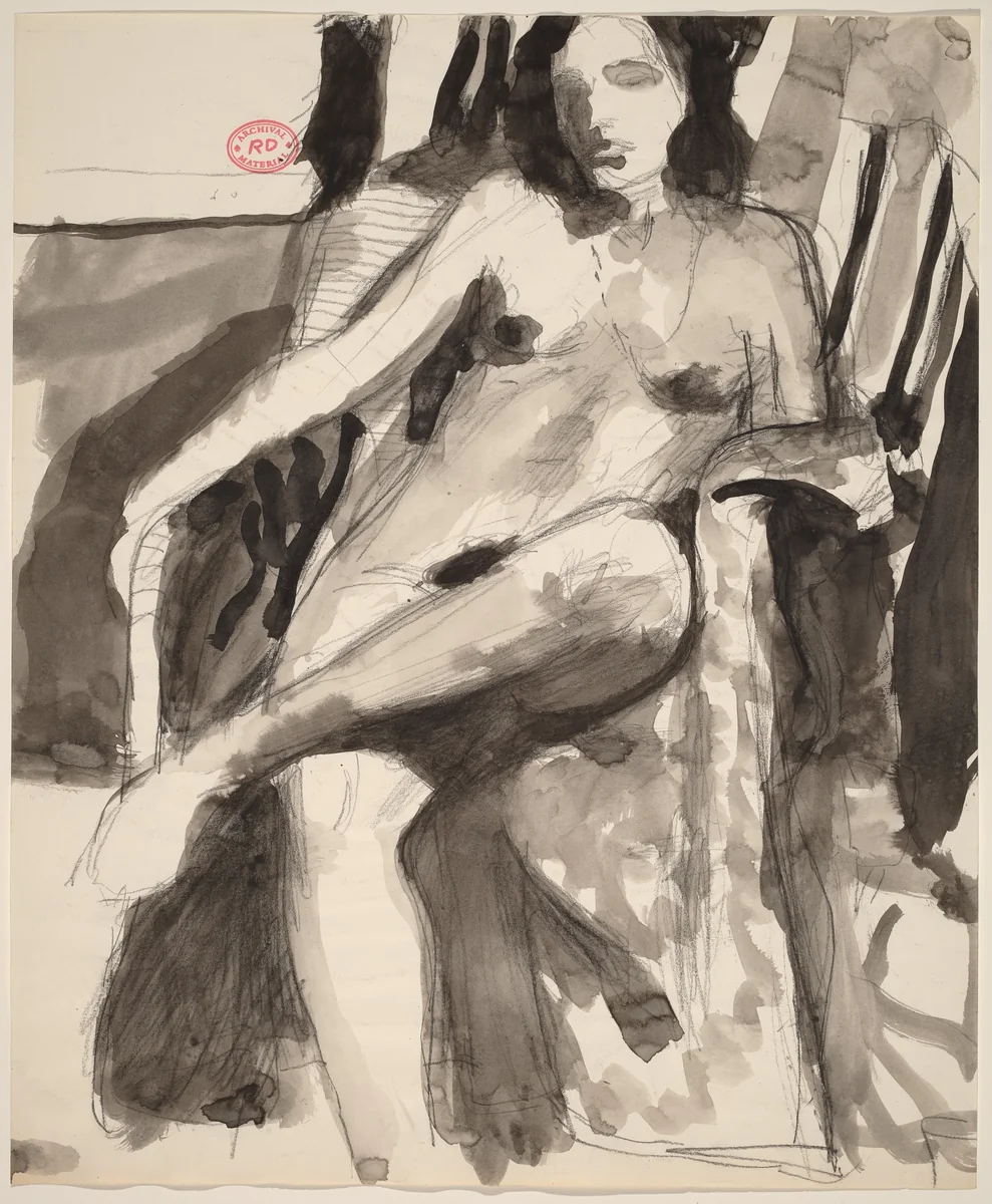 Untitled [seated female nude in a partially draped armchair] by Richard Diebenkorn, drawing, 1957