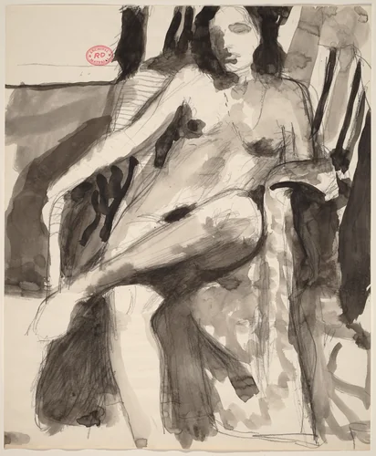 Untitled [seated female nude in a partially draped armchair] by Richard Diebenkorn, drawing, 1957