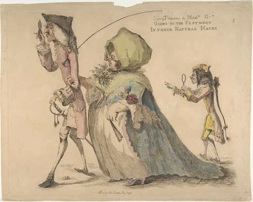 Long Thomas and Mad-le G-d Going to the Pantheon in Their Natural Masks by William Austin, print, 1773