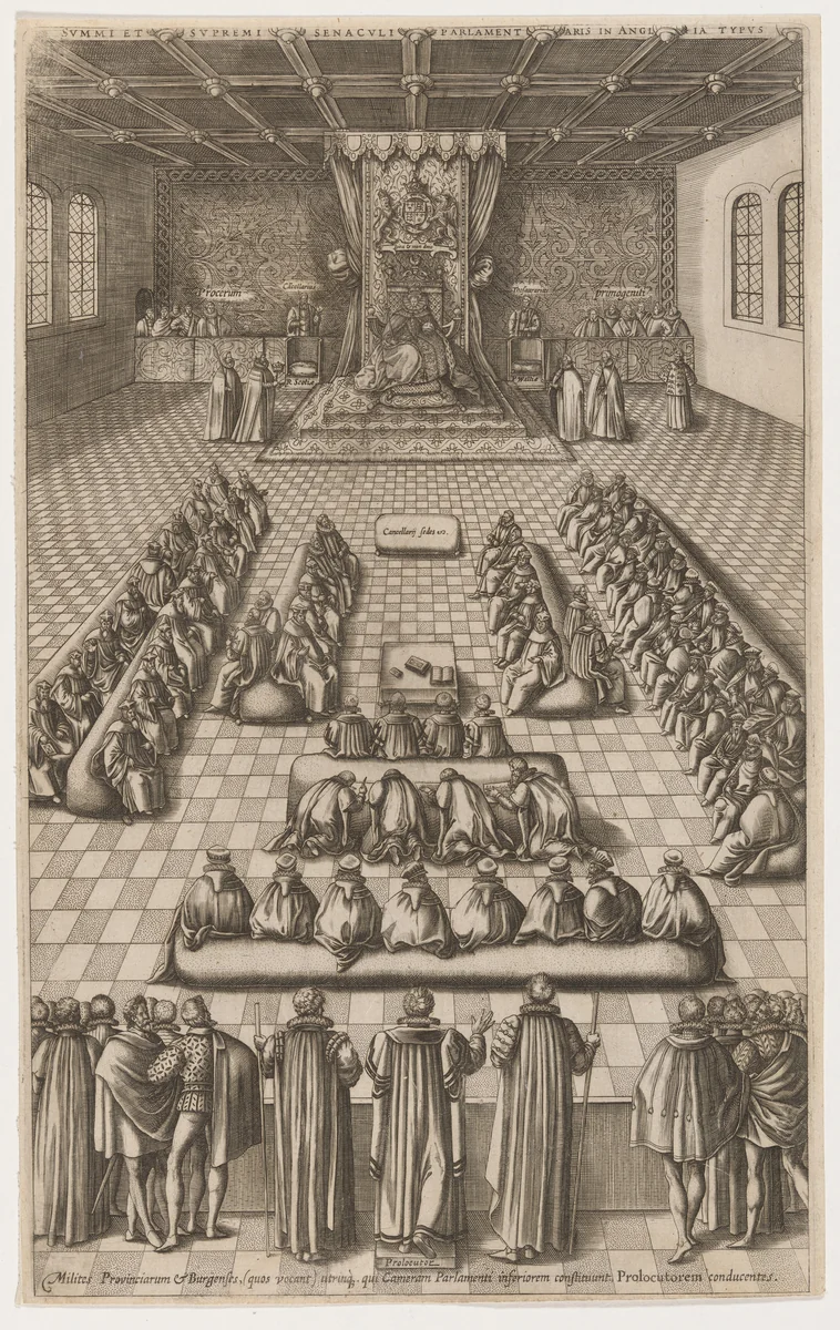 Queen Elizabeth in Parliament by Renold Elstrack, print, 1608
