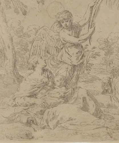 Rust op de vlucht naar Egypte by Simone Cantarini, print, 1622-1648