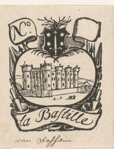 Handelsetiket met de Bastille te Parijs en het wapen van de stad Haarlem by Isaac Vincentsz. van der Vinne, print, 1681-1740