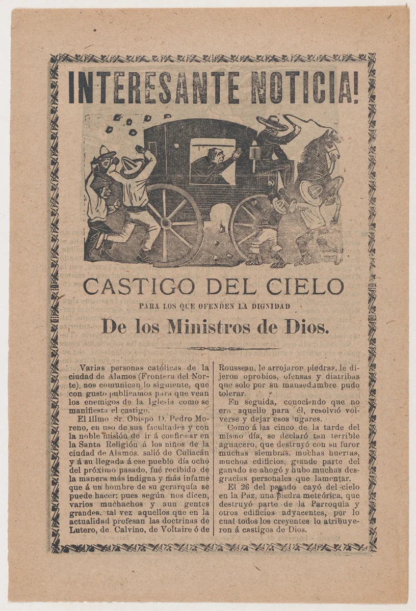 Broadsheet relating to the story of a falling meteor that was interpreted by Catholics as God's punishment to the people of the town of Alamos for their poor reception of Bishop Pedro Moreno by José Guadalupe Posada, print, 1903