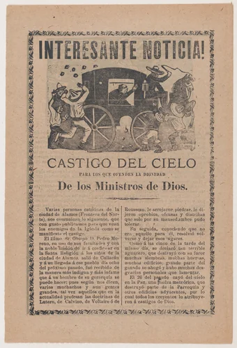 Broadsheet relating to the story of a falling meteor that was interpreted by Catholics as God's punishment to the people of the town of Alamos for their poor reception of Bishop Pedro Moreno by José Guadalupe Posada, print, 1903