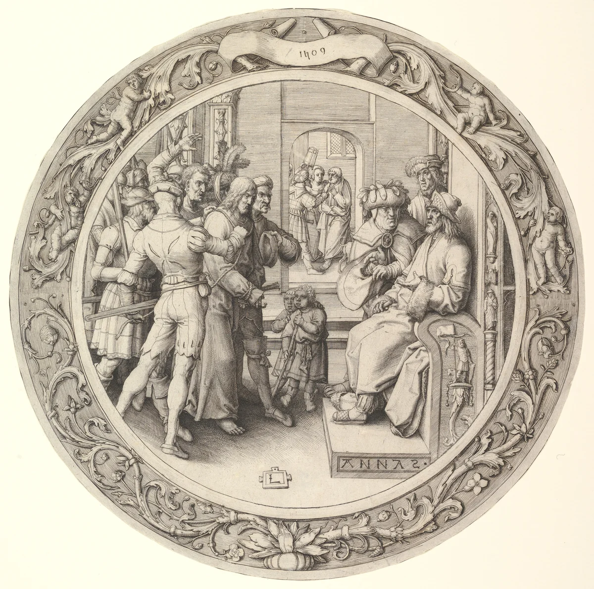 Christ before Annas, from the Circular Passion by Lucas van Leyden, print, 1509