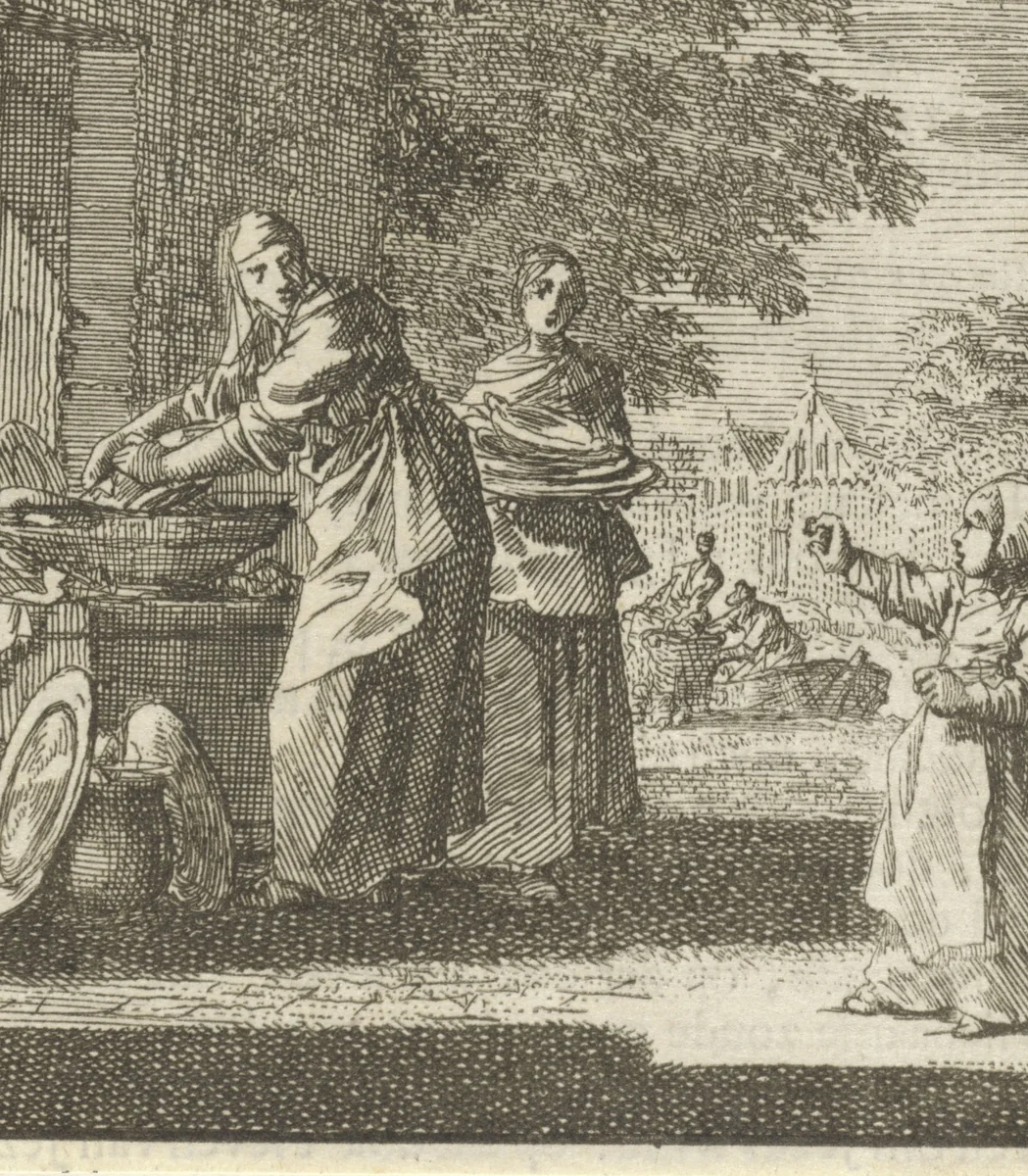 Kind roept haar moeder die bezig is met het wassen van vaatwerk by Jan Luyken, print, 1712