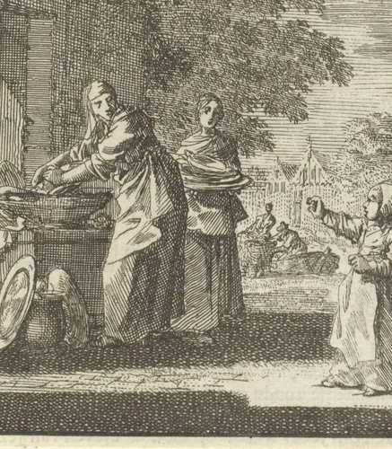 Kind roept haar moeder die bezig is met het wassen van vaatwerk by Jan Luyken, print, 1712