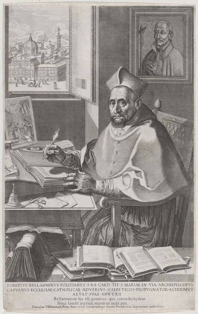 Cardinal Roberto Bellarmino at his desk, writing by Francesco Villamena, print, 1604