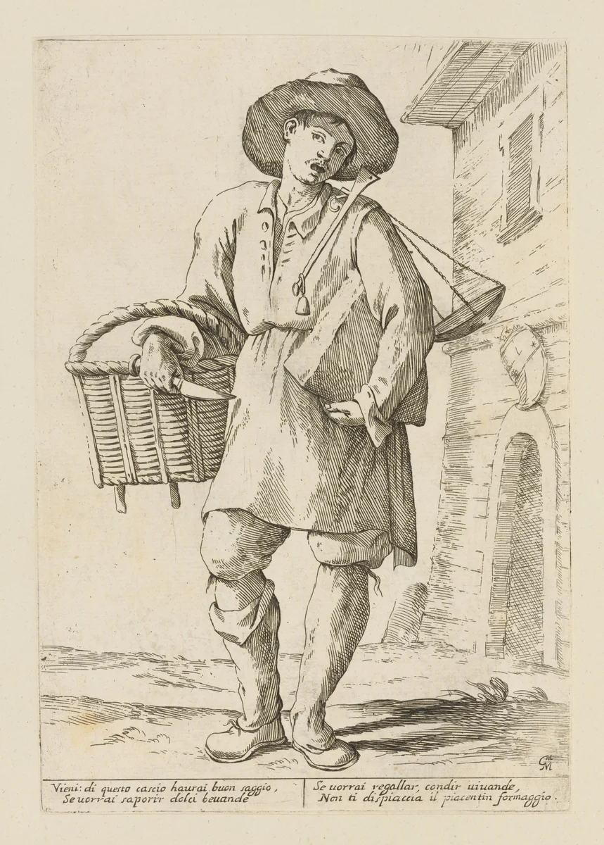 Cheese Vendor, from Di Bologna l'Arti per via D'An.ibal' Ca.rac, plate 3 by Giuseppe Maria Mitelli, print, 1660