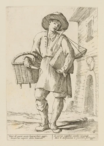 Cheese Vendor, from Di Bologna l'Arti per via D'An.ibal' Ca.rac, plate 3 by Giuseppe Maria Mitelli, print, 1660
