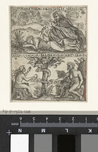 Schepping van Eva en de zondeval by Unknown, print, 1550-1600