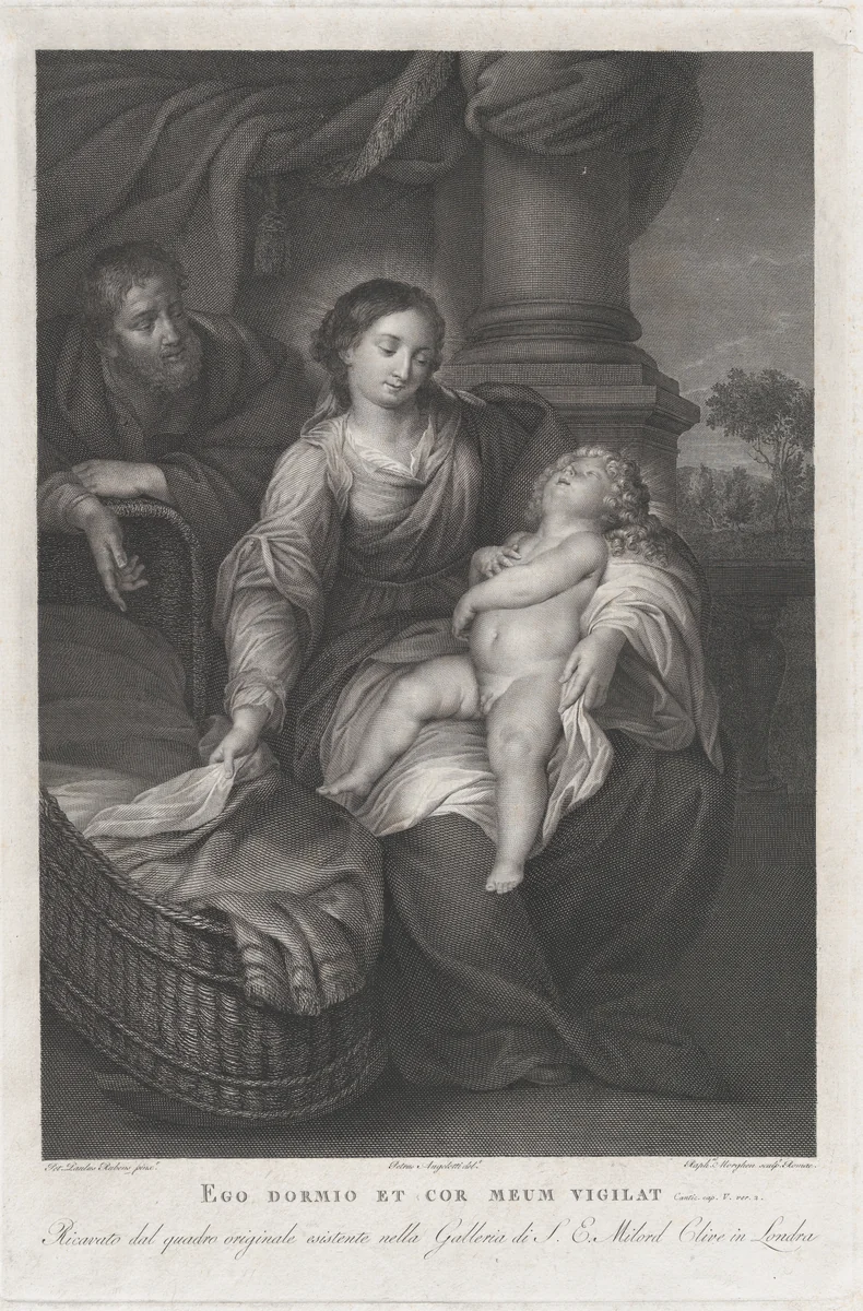 The Holy Family with Saint Elizabeth and the infant Saint John the Baptist, holding a goldfinch on a string by Raphael Morghen, print, 1773-1786