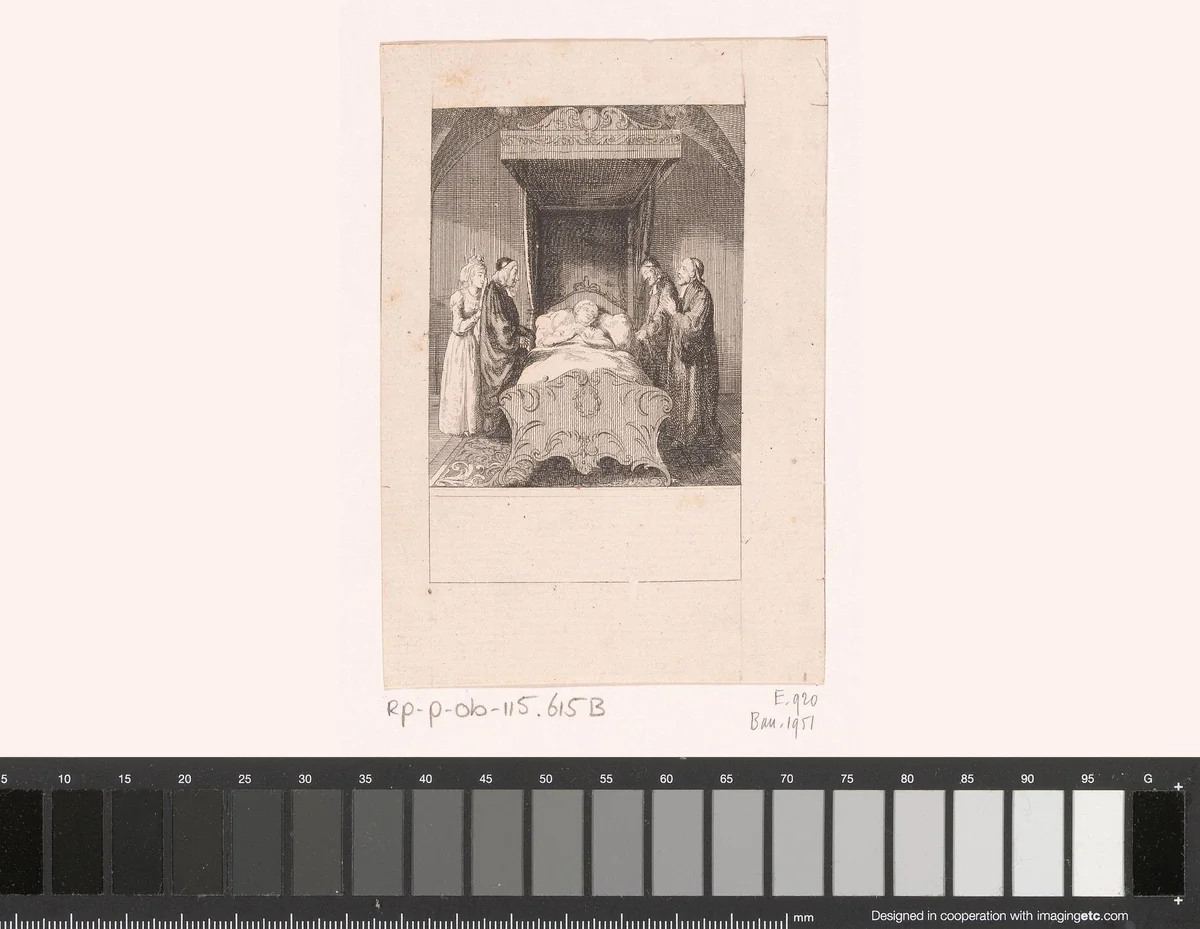 Jeanne d'Albret op haar doodsbed by Daniel Nikolaus Chodowiecki, print, 1799