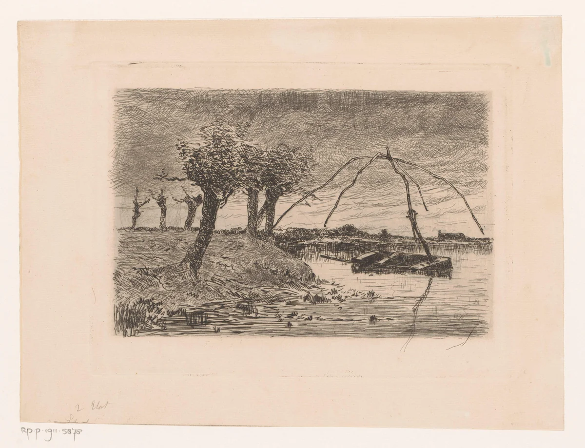 Landschap met knotwilgen, in het water een roeiboot met een totebel by Adrien Le Mayeur, print, 1854-1911