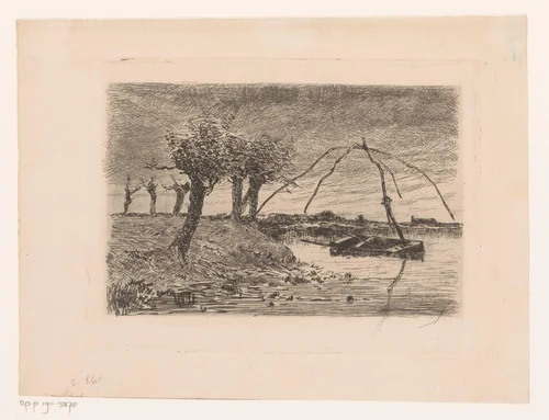 Landschap met knotwilgen, in het water een roeiboot met een totebel by Adrien Le Mayeur, print, 1854-1911