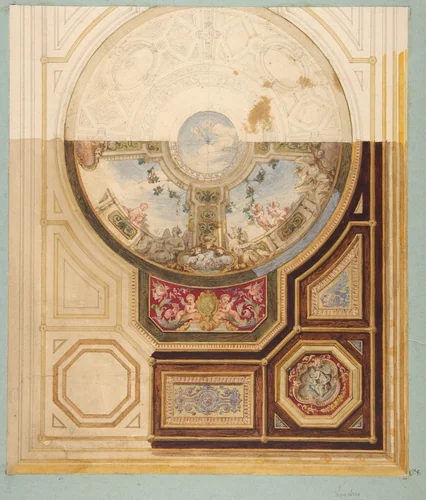 Design for a paneled ceiling with a trompe l'oeil dome in London by Jules-Edmond-Charles Lachaise, drawing, 1820-1897
