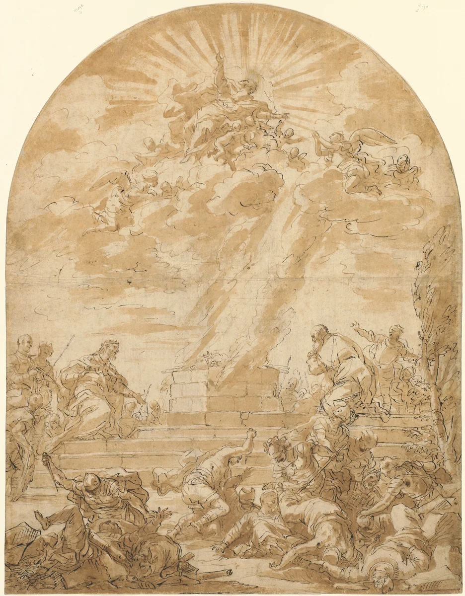 The Sacrifice of Elijah before King Ahab by Nicola Malinconico, drawing, 1680-1689