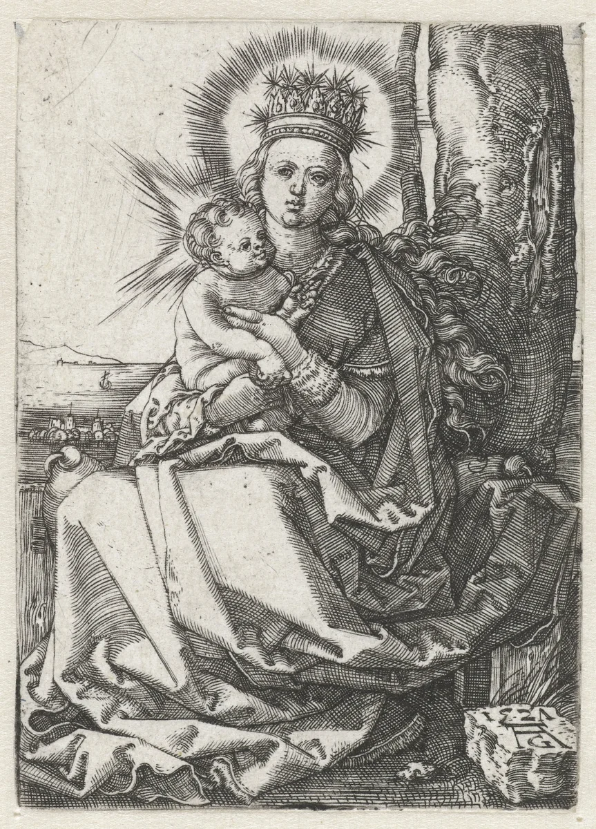 Madonna met kind zittend aan de voet van een boom by Unknown, print, 1527