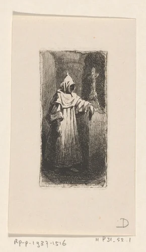 Monnik bij een kruisbeeld by Lambertus Hardenberg, print, 1837-1900