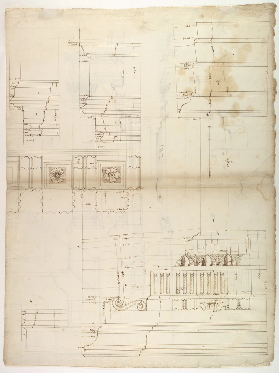 St Peter's, entablature profile; reflected ceiling details of the cornice, and profiles of column bases and pedestals (recto) St. Peter's, section through drum of model and entablature of upper story (verso) by anonymous, drawing, 1500-1560