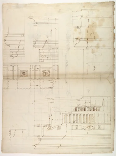 St Peter's, entablature profile; reflected ceiling details of the cornice, and profiles of column bases and pedestals (recto) St. Peter's, section through drum of model and entablature of upper story (verso) by anonymous, drawing, 1500-1560