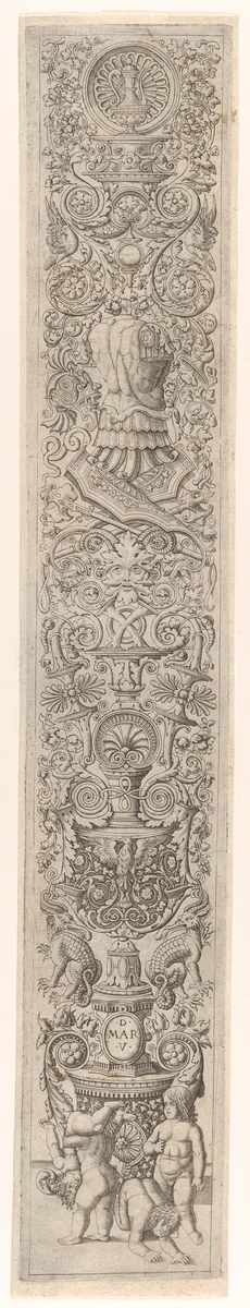 Candelabra grotesque with four children playing, from a series of twelve candelabra grotesques by Giovanni Antonio da Brescia, print, 1490-1515