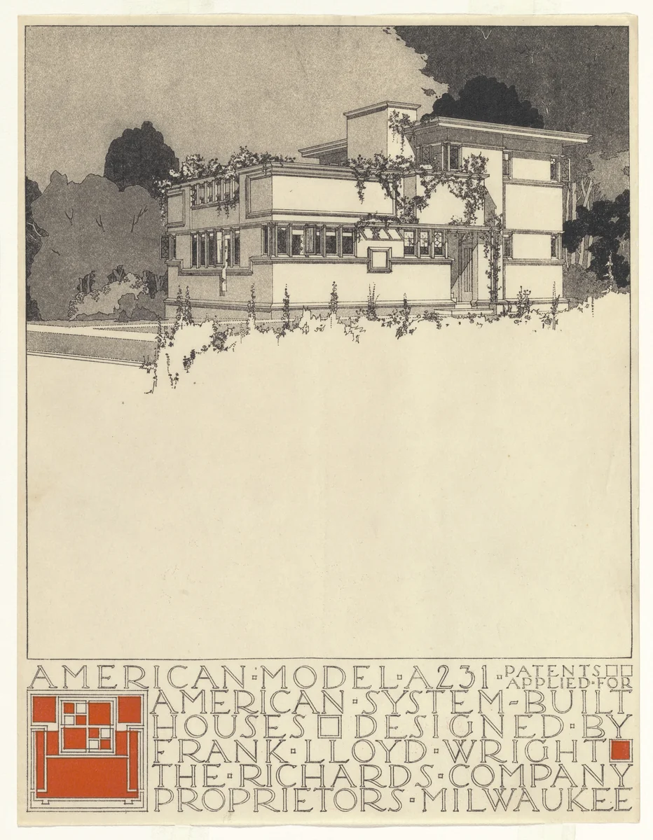 American System-Built Houses for The Richards Company project (Exterior perspective of model A231) by Frank Lloyd Wright, architecture, 1915