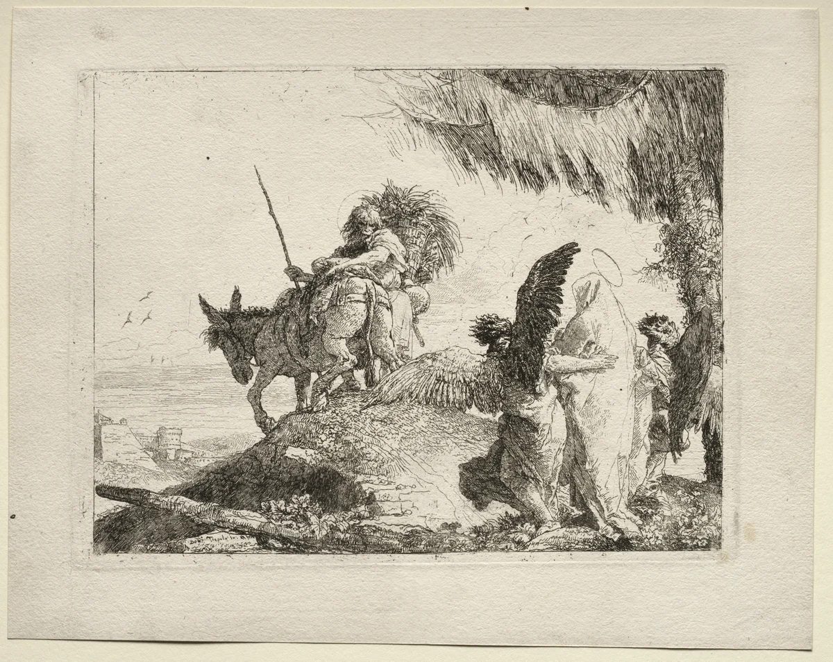 The Flight into Egypt: The Flight with the Madonna at Right Supported by Angels by Giovanni Domenico Tiepolo, print, 1745-1758