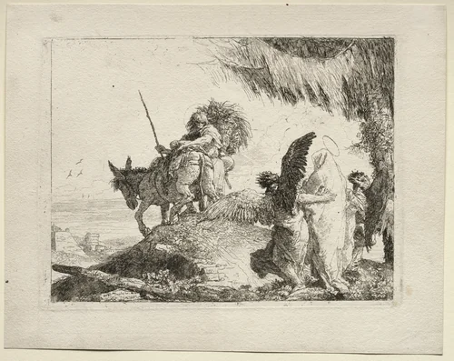 The Flight into Egypt: The Flight with the Madonna at Right Supported by Angels by Giovanni Domenico Tiepolo, print, 1745-1758