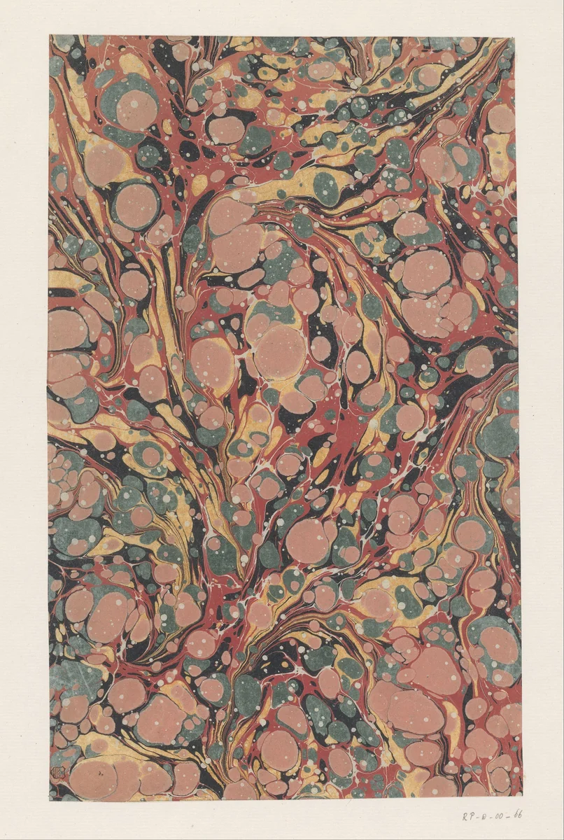 Stippen-kiezel-fantasiemarmer in rood, geel, groen, roze en wit by anonymous, other, 1700-1850