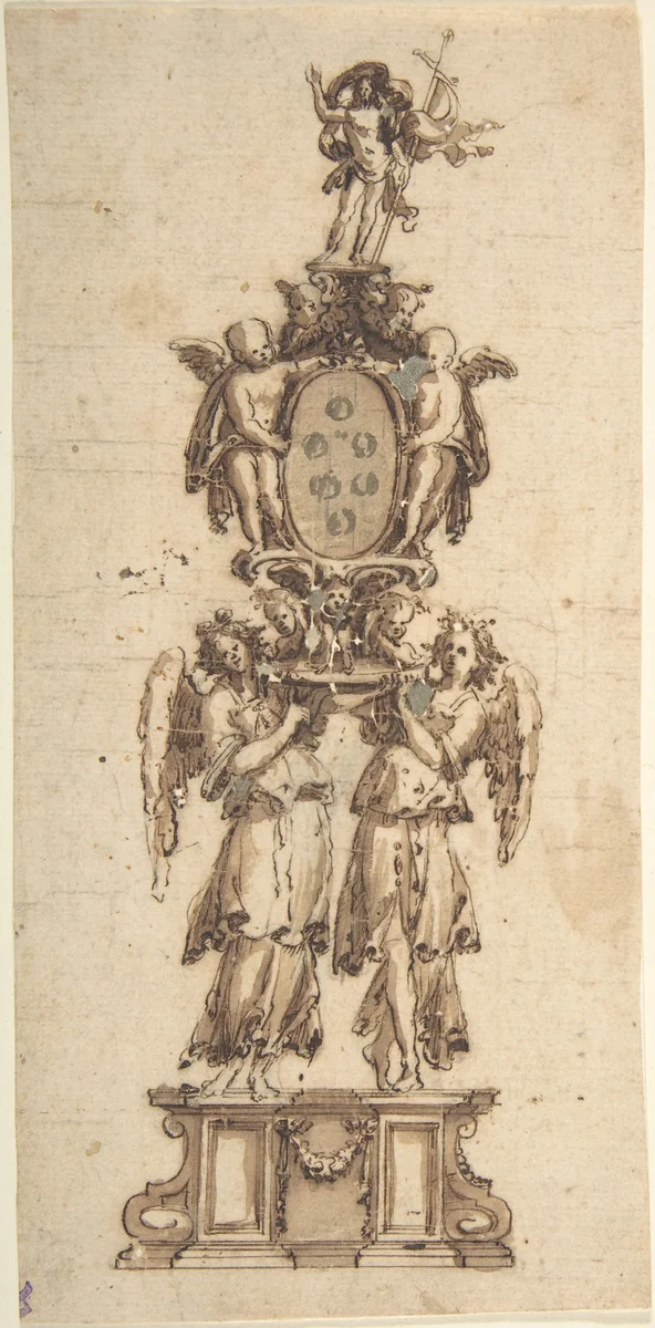 Design for a (Temporary?) Structure consisting of Two Angels carring the Medici Coat of Arms crowned by the Figure of Christ by anonymous, drawing, 1500-1630