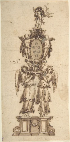 Design for a (Temporary?) Structure consisting of Two Angels carring the Medici Coat of Arms crowned by the Figure of Christ by anonymous, drawing, 1500-1630
